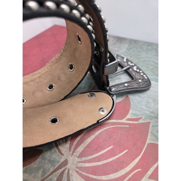 Leather Rock Studded Rhinestone Rocker Belt 1.5” Wide X 34" Black & Chrome - Picture 5 of 11